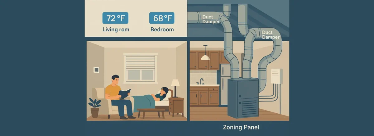 Illustration of a zoned HVAC system in a modern home with labeled room temperatures and visible duct dampers for each zone.