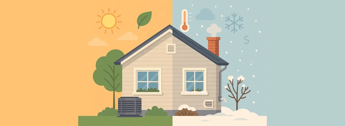 Illustration of a house split into two seasons—summer on the left with sun and an AC unit, and winter on the right with snow and a chimney—symbolizing HVAC efficiency through SEER and AFUE ratings.