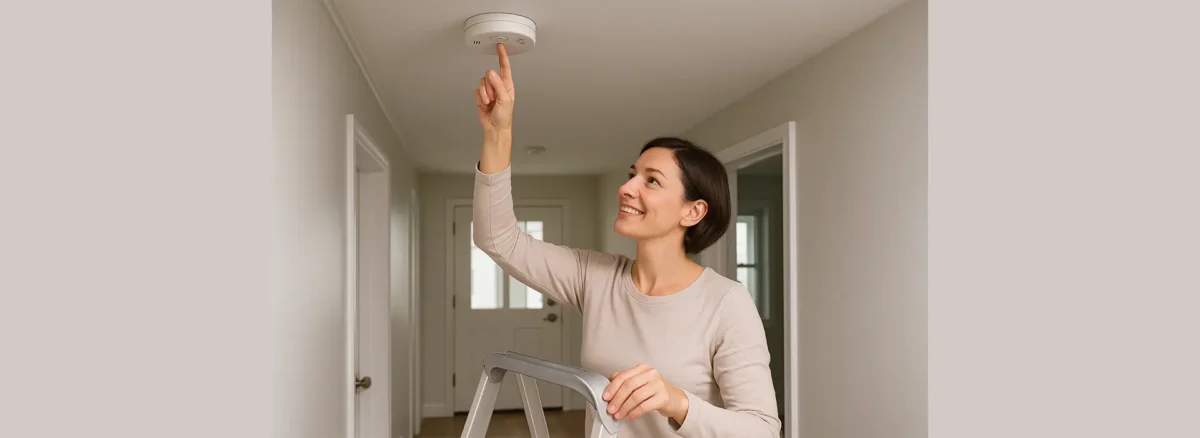 Person testing a carbon monoxide and smoke detector in a hallway