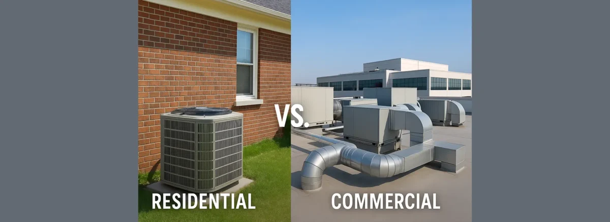 Split image showing a residential HVAC unit beside a home and a commercial rooftop HVAC system on a large building.