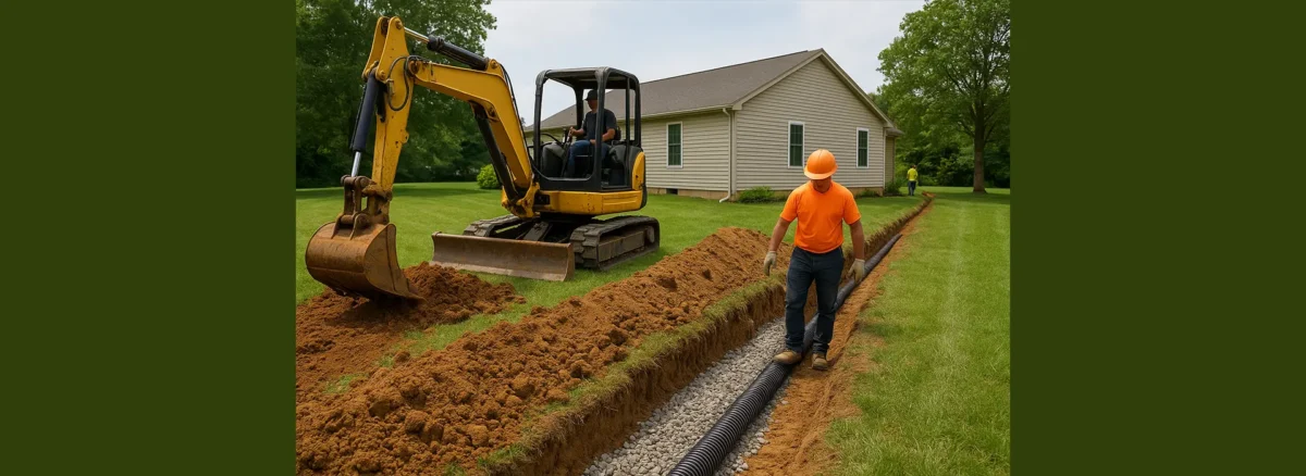 Excavator digging trench for drainage system in residential yard to prevent water damage