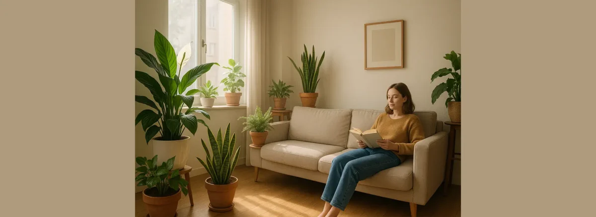 Living room filled with indoor plants that improve air quality, including peace lilies and snake plants, near a sunny window.