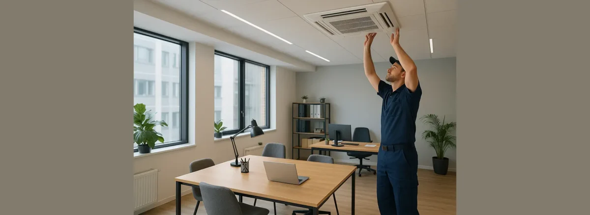 HVAC technician inspecting a ceiling vent in a small business office to ensure proper maintenance