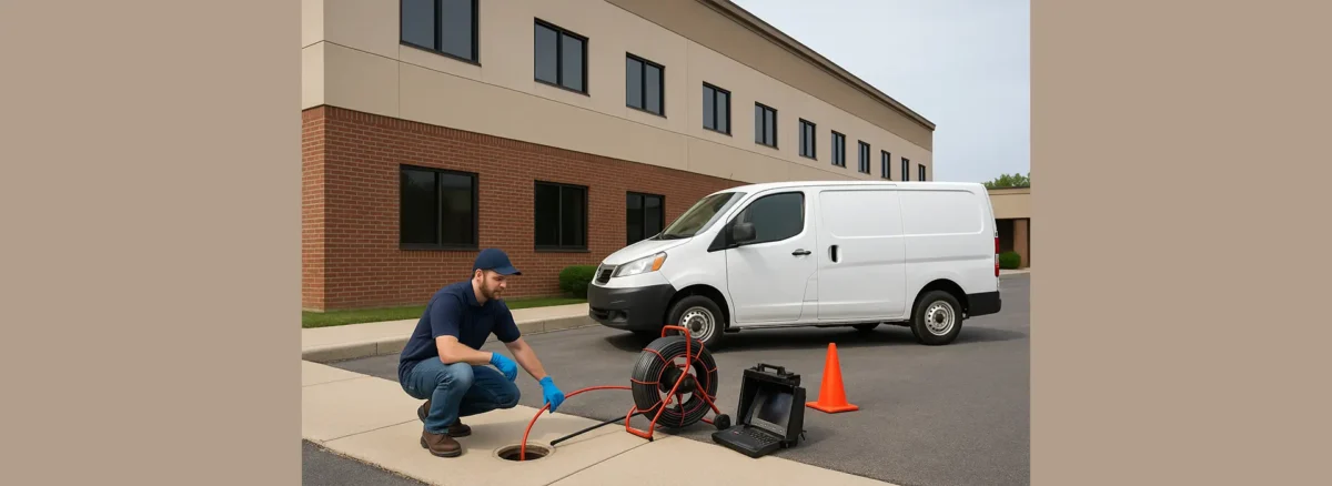 Technician performing sewer camera inspection outside a commercial building using specialized equipment