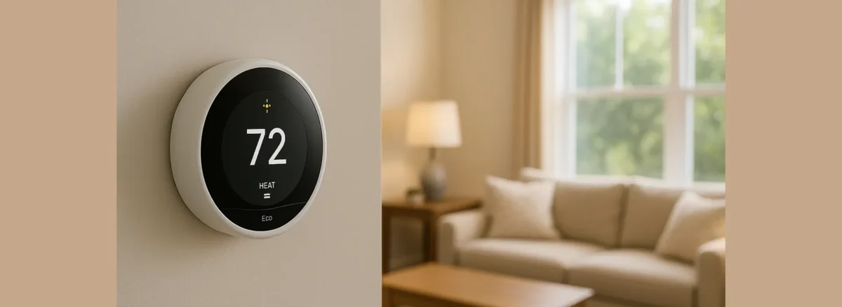 Smart thermostat mounted on wall in Rochester home showing digital temperature control