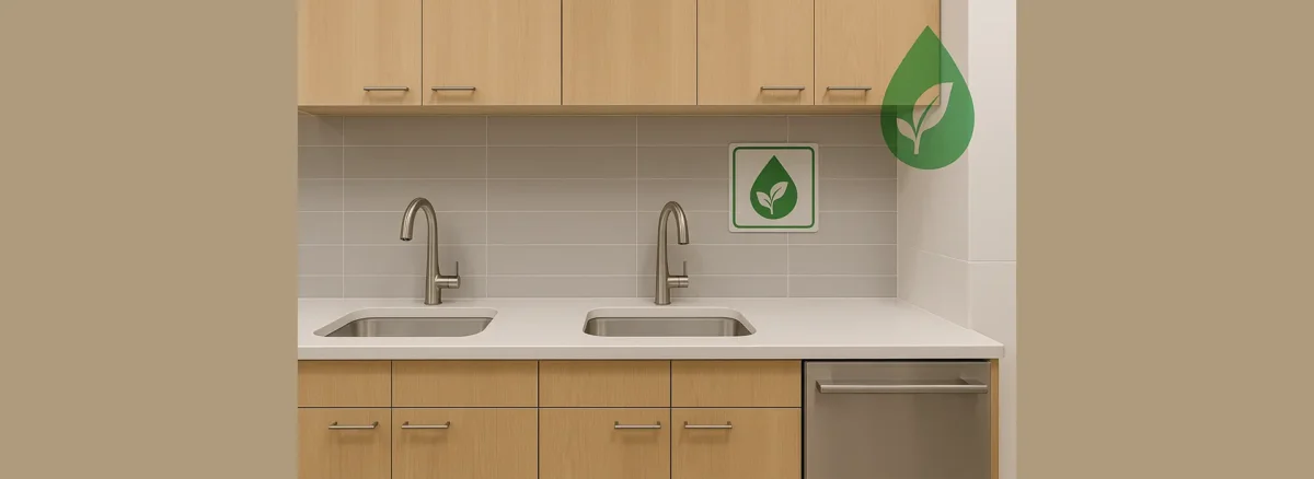 Modern office kitchen with dual stainless steel touchless faucets, eco-friendly water-saving signage, and light wood cabinetry for a sustainable commercial design. Modern office kitchen with dual stainless steel touchless faucets, eco-friendly water-saving signage, and light wood cabinetry for a sustainable commercial design.