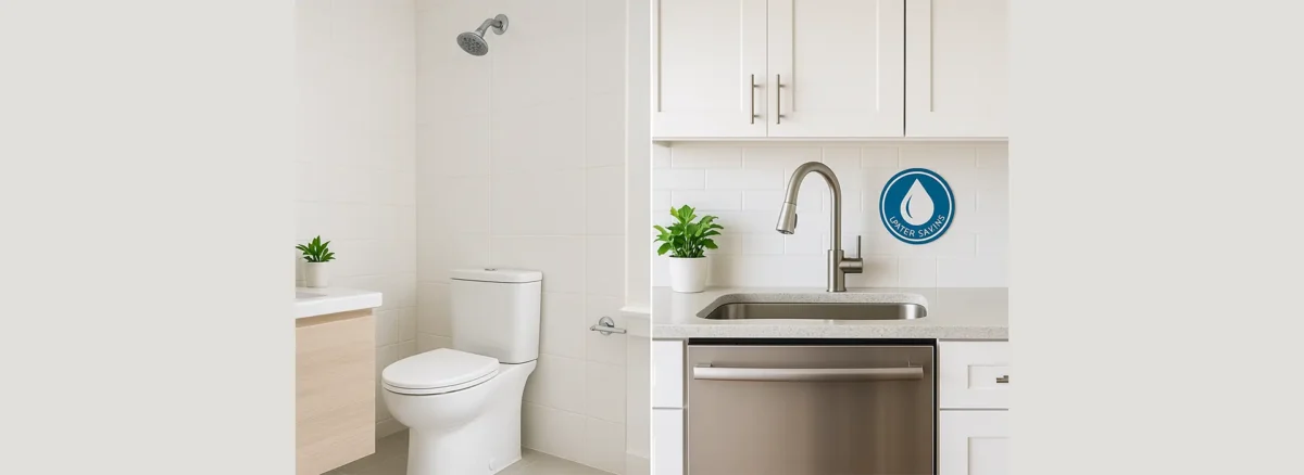 Modern bathroom and kitchen with eco-friendly water-saving fixtures in a Rochester, NY home