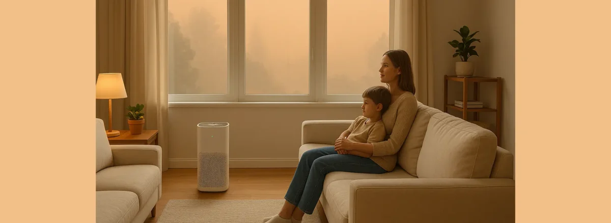 Living room in Upstate NY with clean indoor air and smoky sky outside due to wildfires