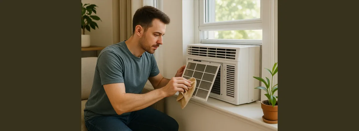 Homeowner performing window air conditioner maintenance in a bright, clean living room