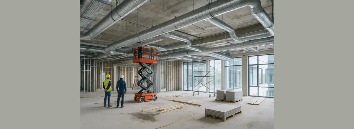 Commercial renovation site with exposed ductwork and HVAC installation in progress