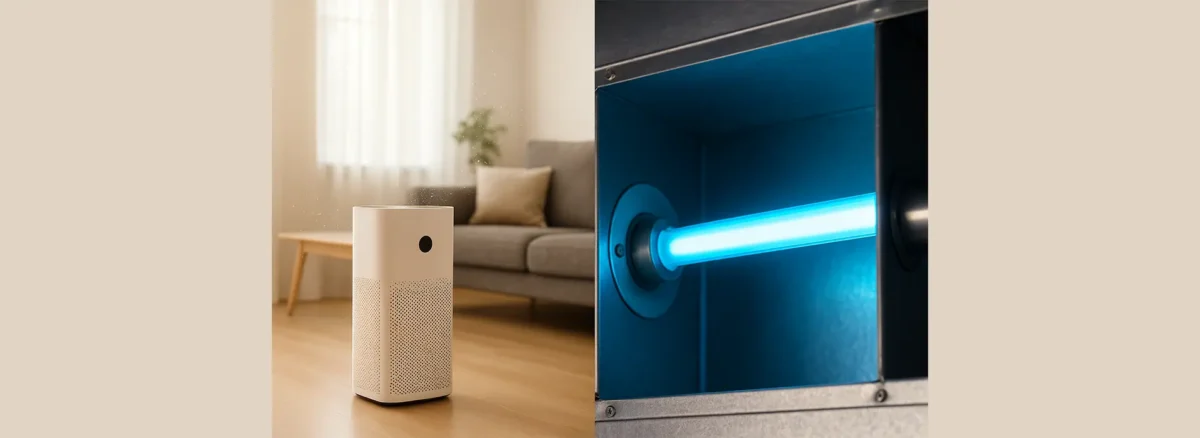 Side-by-side image of an air purifier and an HVAC UV light system used for indoor air quality improvement
