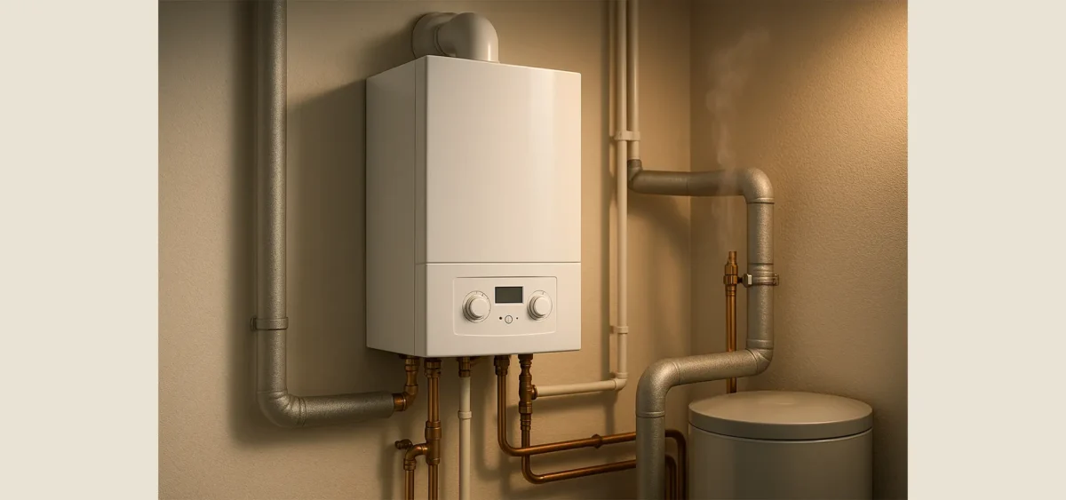 Modern home boiler system in a bright utility room with insulated pipes for improved efficiency.