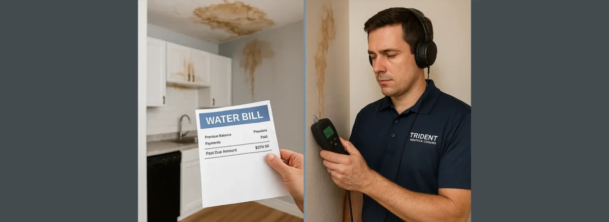 Trident Heating & Cooling technician detecting a hidden leak in a Rochester home with moisture stains and high water bills.