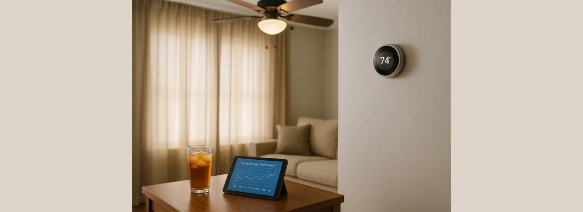 Energy-efficient living room with closed curtains, ceiling fan, and smart thermostat showing cool indoor temperature
