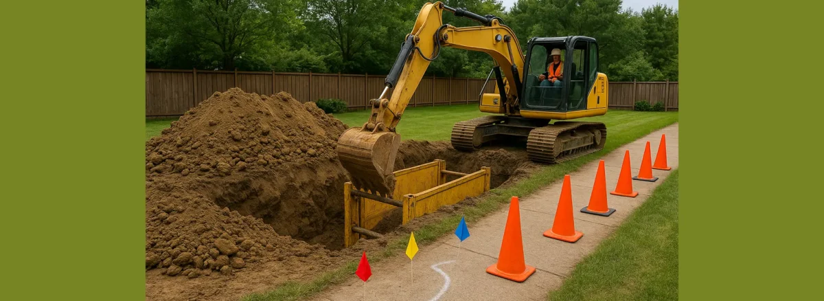 Professional excavation site with safety cones, trench box, and utility markings in a residential backyard