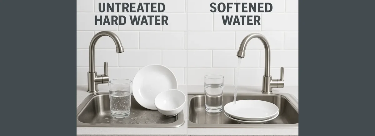 Side-by-side comparison of untreated hard water with spotted dishes and softened water with sparkling clean dishes in a Rochester kitchen sink.