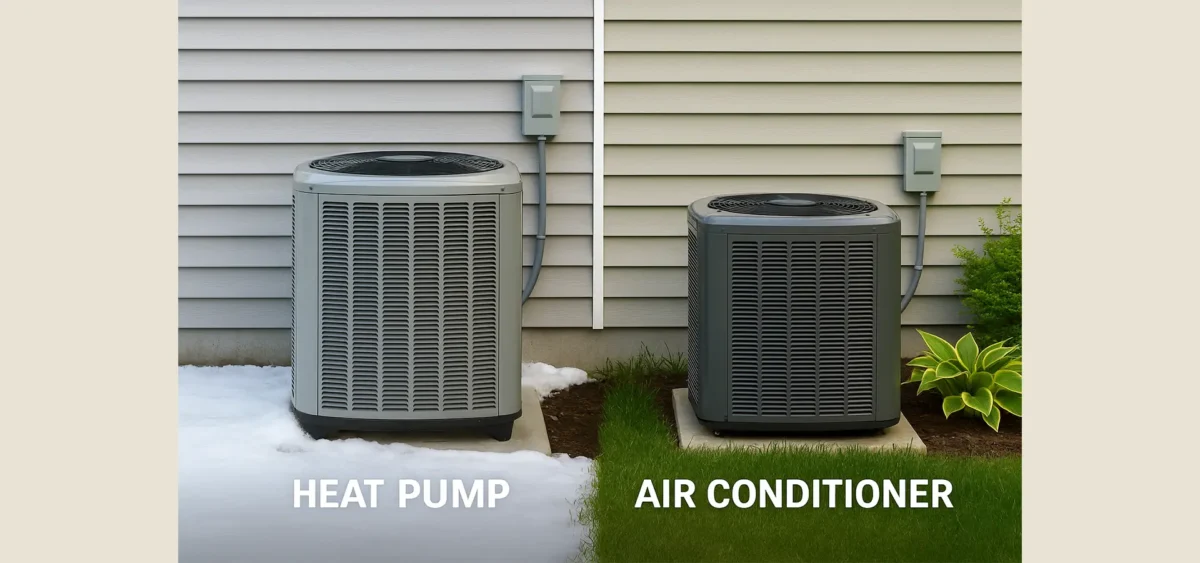 Side-by-side comparison of a heat pump and air conditioner outside the same home, showing seasonal differences.