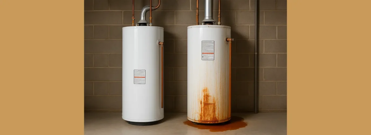 Residential water heater showing signs of rust and leaking at the base.